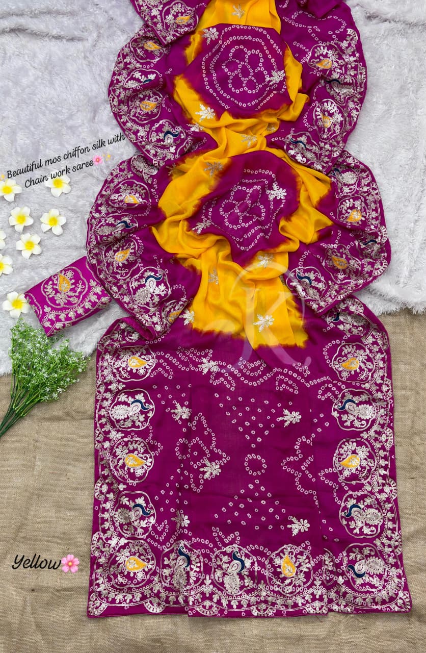 Floral Bandhani Moss Chiffon Silk Saree