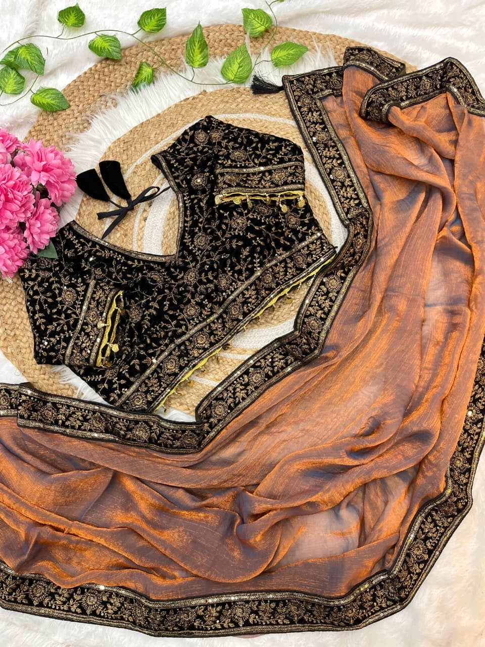 velvet border blouse saree