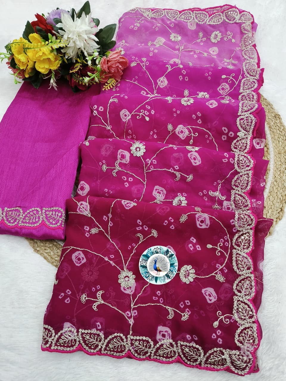 ✨ Shaded Bandhej Georgette Saree with Pita Work C-Pallu