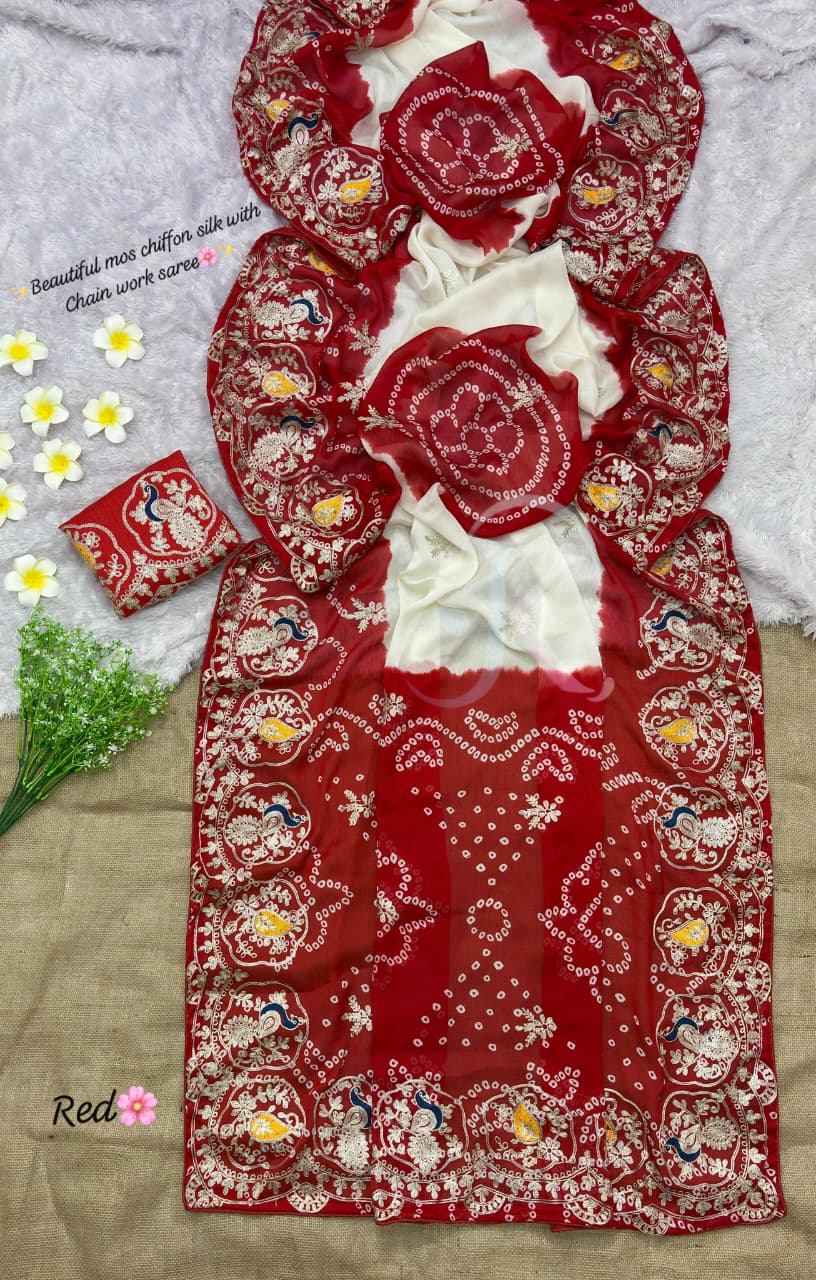 Floral Bandhani Moss Chiffon Silk Saree