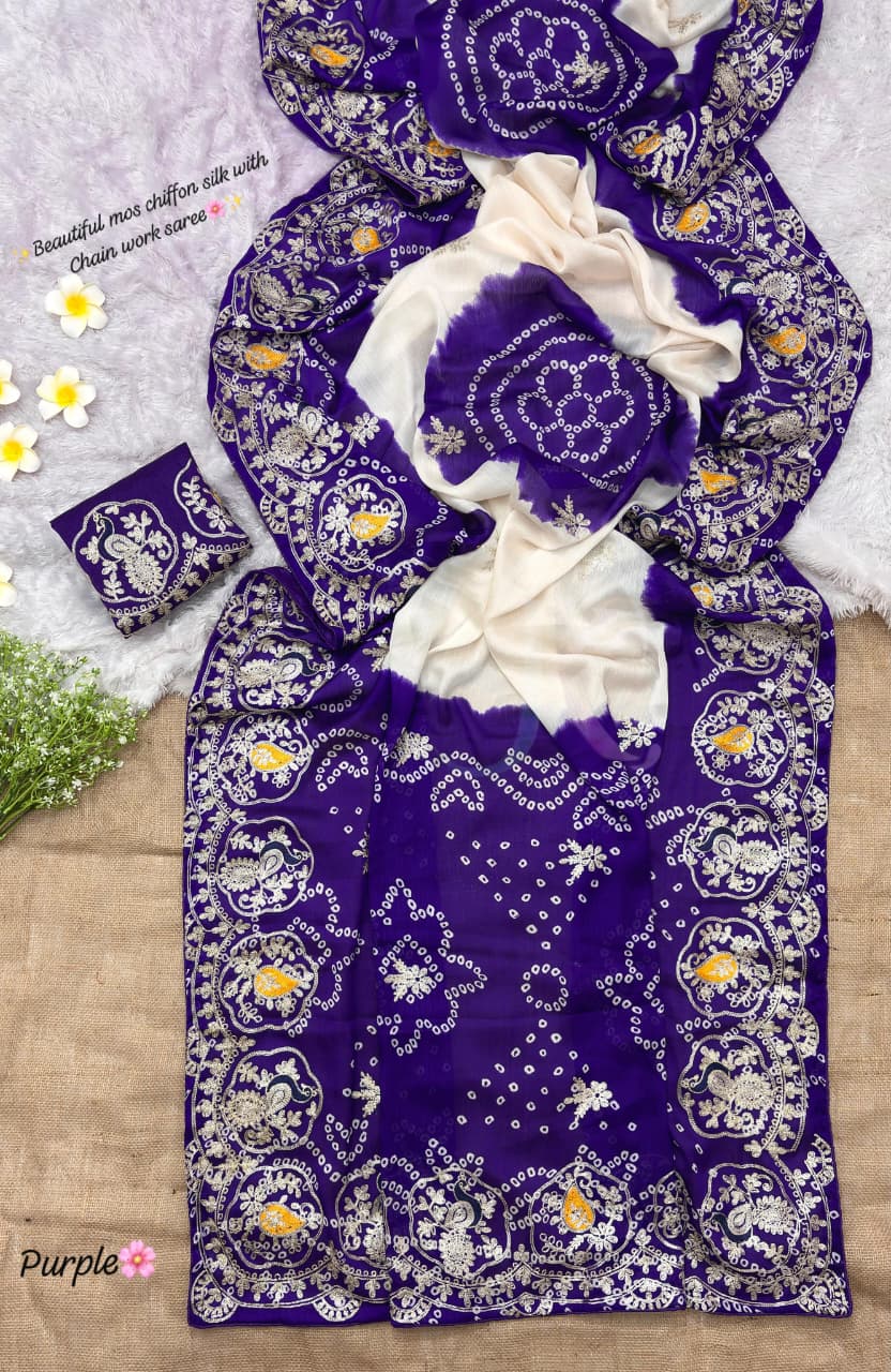 Floral Bandhani Moss Chiffon Silk Saree