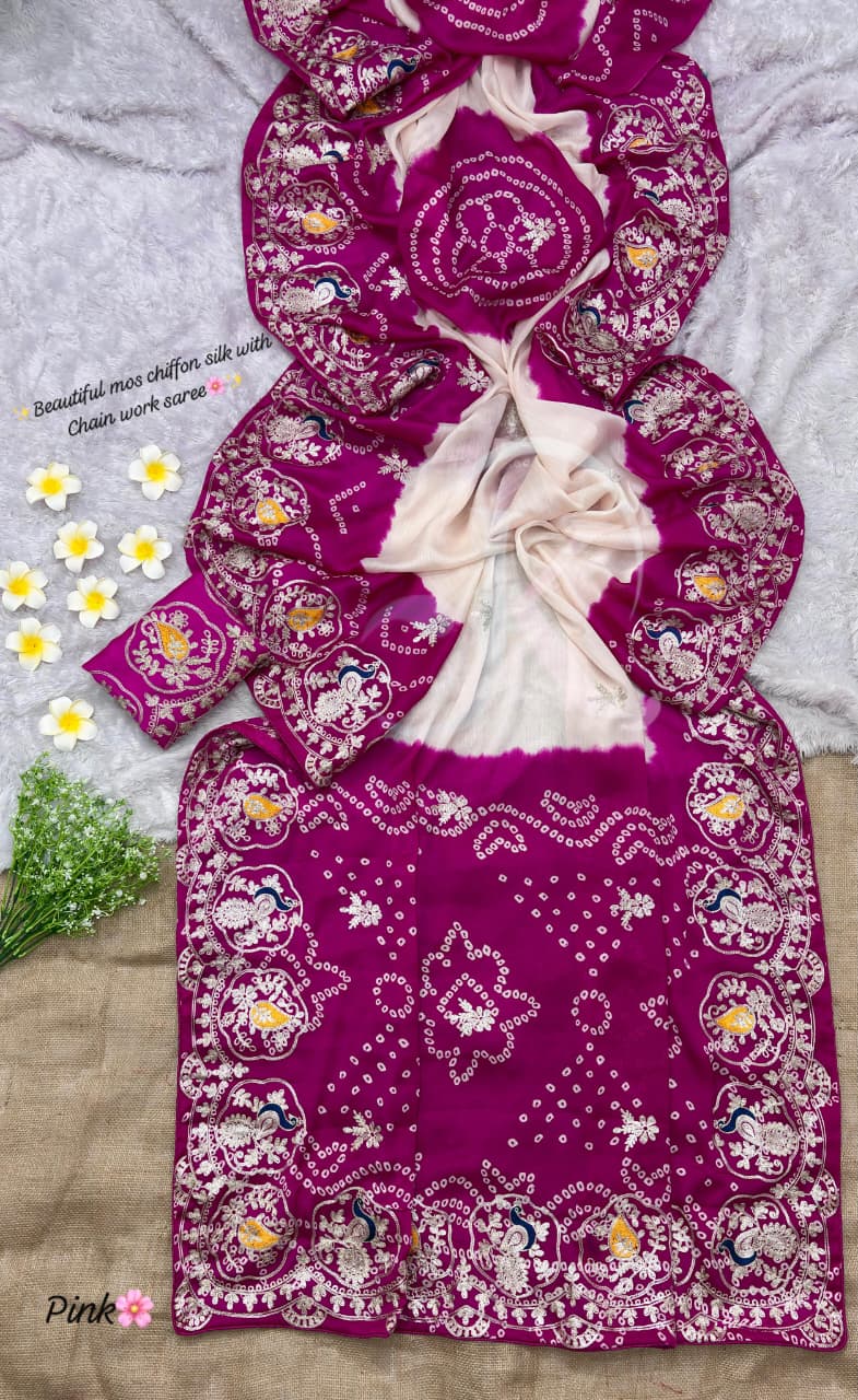 Floral Bandhani Moss Chiffon Silk Saree