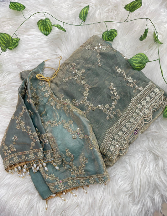Fendy Satin Sequin Embroidered Saree ✨